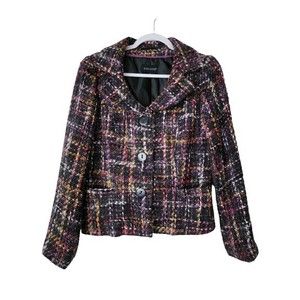 Dialogue Womens Tweed Single-Breasted Blazer Jacket Multicolor Purple Size 8